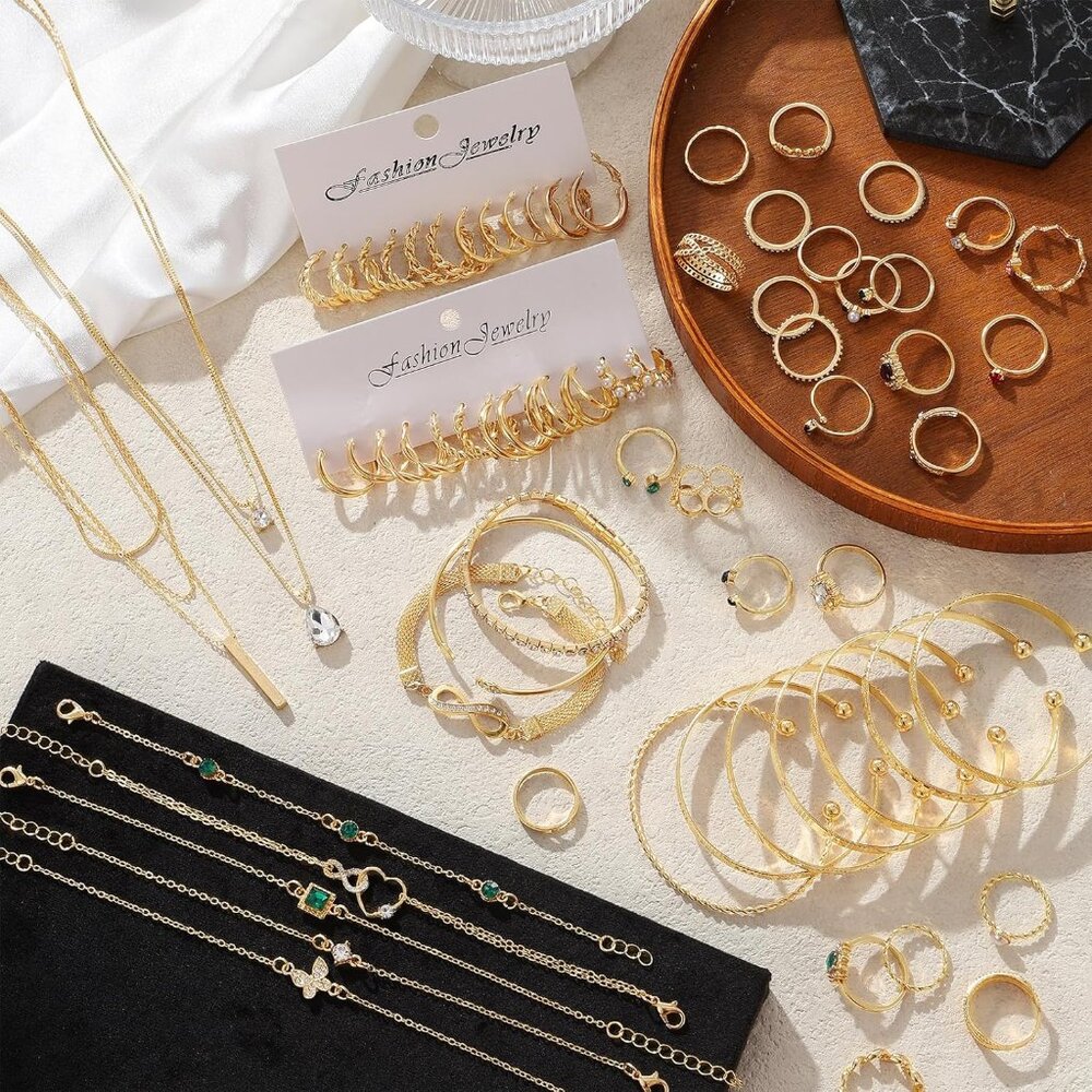 Gold Plated Jewelry Set for Women,14k Gold Plated Multi Layer Necklaces Stackabl - Picture 6 of 9